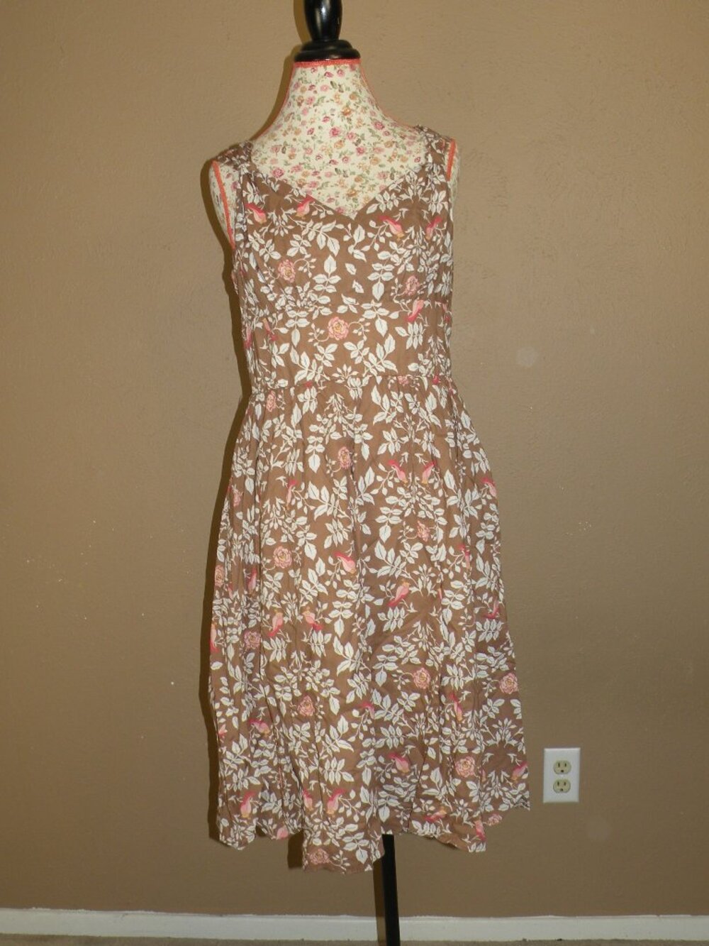 Merona Sundress Sz 8 Brown Floral Roses Birds Dress